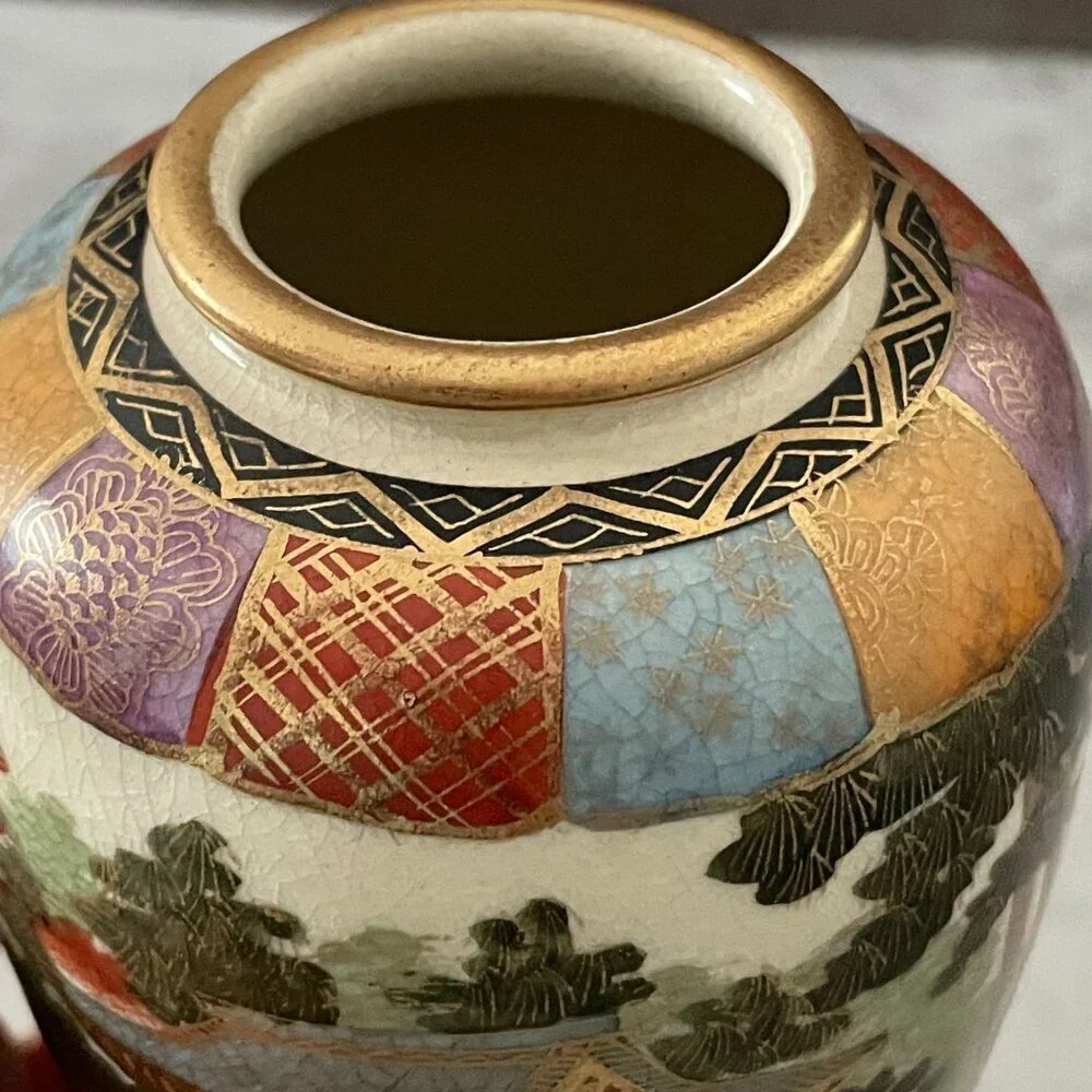 Early 20th C.  Japanese Satsuma Hand-Painted Enamel Multicolor Gilded 6.5